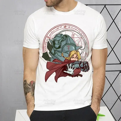 White short-sleeve fullmetal alchemist t-shirt featuring alphonse elric with automail arm in a circular sigil design