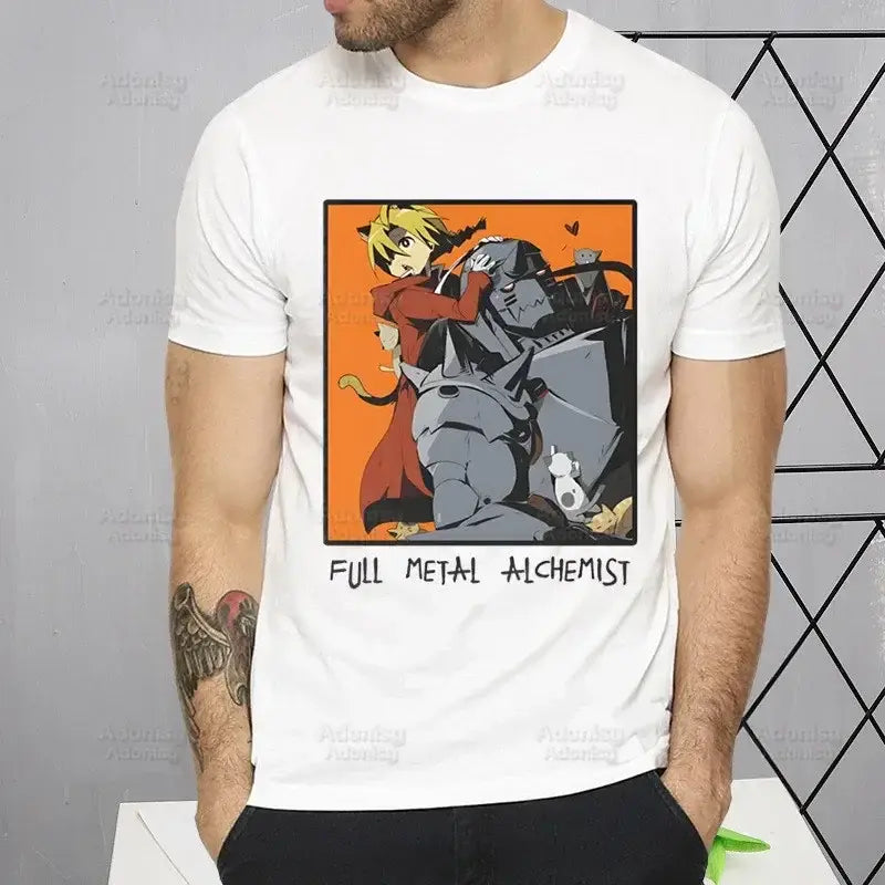 White cotton fullmetal alchemist alphonse elric t-shirt with vibrant orange and gray graphic and text on front