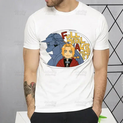 White cotton fullmetal alchemist alphonse elric t-shirt with circular graphic of alphonse in mechanical armor