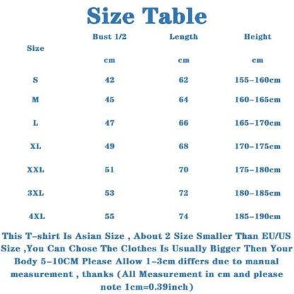 Size chart in centimeters for fullmetal alchemist alphonse elric t-shirt from size s to 4xl harajuku short sleeve