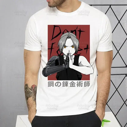 White short sleeve t-shirt featuring fullmetal alchemist alphonse elric graphic with silver hair and yellow eyes on red background