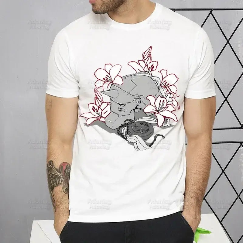 White cotton fullmetal alchemist alphonse elric t-shirt with gray helmet graphic and white lilies red outlines