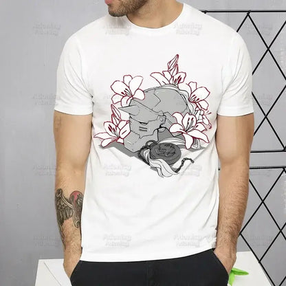 White cotton fullmetal alchemist alphonse elric t-shirt with gray helmet graphic and white lilies red outlines