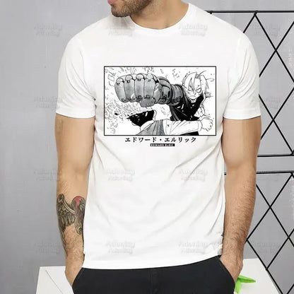 White short-sleeved t-shirt with black-and-white fullmetal alchemist alphonse elric manga illustration