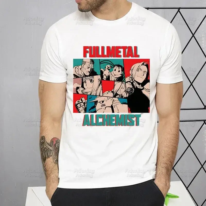 White cotton fullmetal alchemist t-shirt featuring colorful alphonse elric graphic with red and teal text