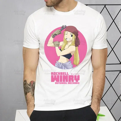 White cotton fullmetal alchemist alphonse elric t-shirt with pink circular rockbell winry automail mechanic graphic