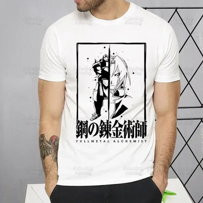 White cotton fullmetal alchemist alphonse elric t-shirt with black and white anime graphic and bilingual title print
