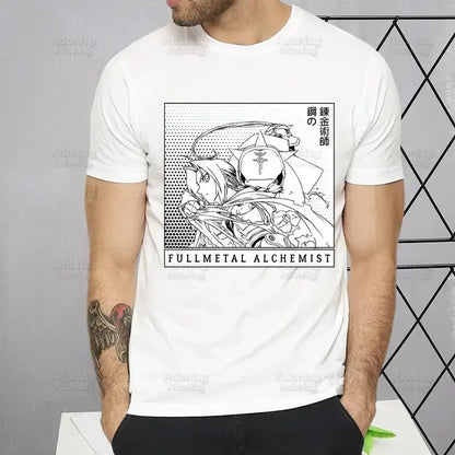 White cotton fullmetal alchemist t-shirt featuring black and white alphonse elric graphic with japanese text and english title