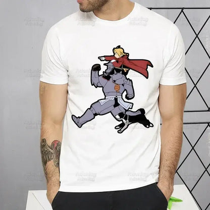White cotton fullmetal alchemist alphonse elric t-shirt with cartoon alphonse in gray armor and edward in red cape