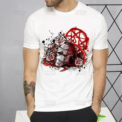 White short sleeve t-shirt featuring a metallic helmet graphic with pink roses for fullmetal alchemist alphonse elric fans