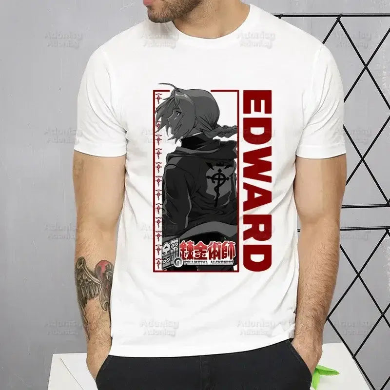 White short sleeve fullmetal alchemist alphonse elric t-shirt with black and red edward graphic in harajuku style