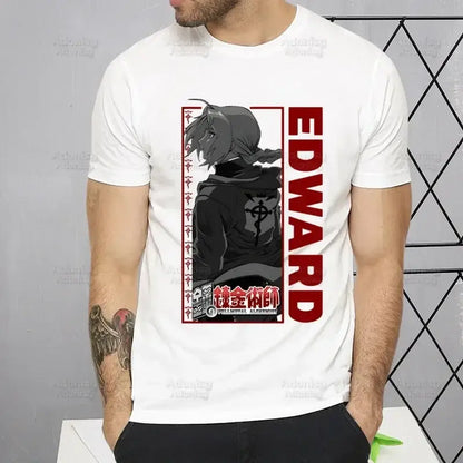 White short sleeve fullmetal alchemist alphonse elric t-shirt with black and red edward graphic in harajuku style