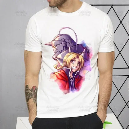 White cotton fullmetal alchemist t-shirt with vibrant watercolor graphic of alphonse elric and edward elric