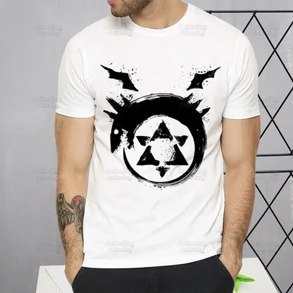 White short sleeve fullmetal alchemist alphonse elric t-shirt with black ouroboros graphic and splatter effects