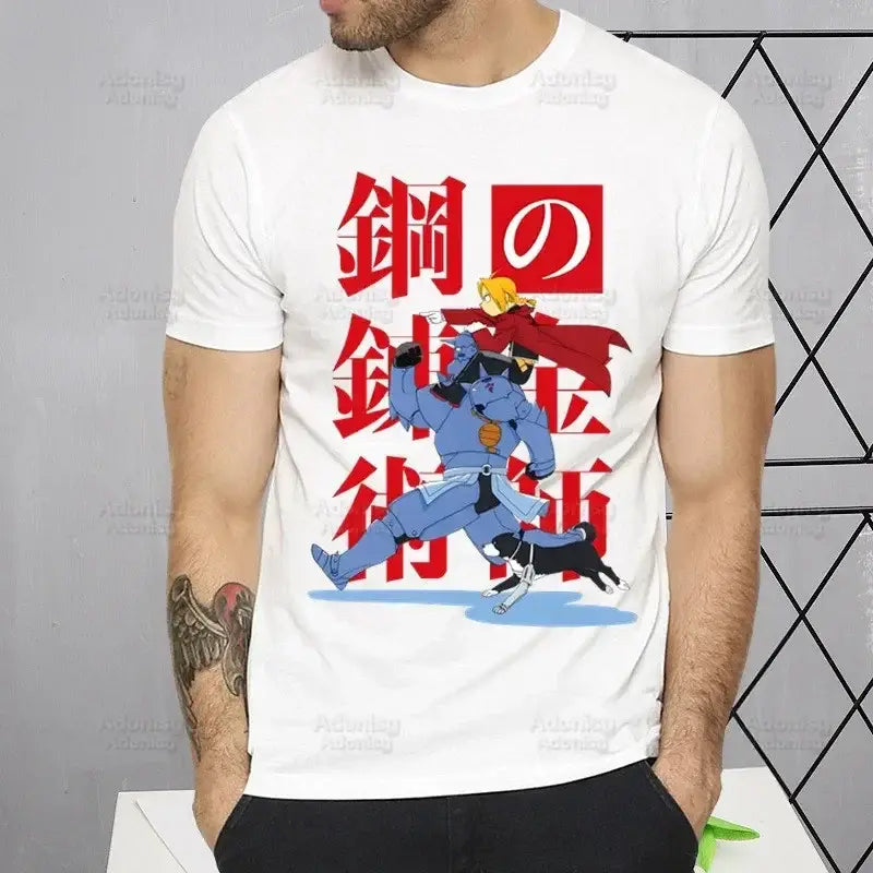 White cotton fullmetal alchemist alphonse elric t-shirt with bold red japanese text and anime blue armored character design