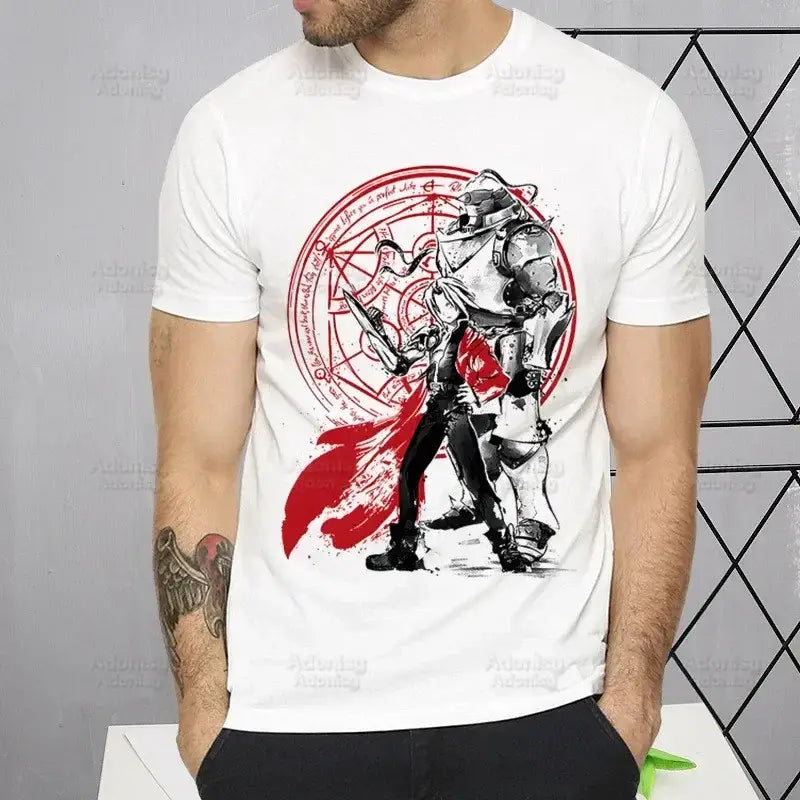 White short sleeve fullmetal alchemist alphonse elric t-shirt with bold black and red fallout character graphic