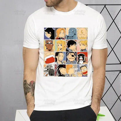 White cotton fullmetal alchemist alphonse elric t-shirt with colorful anime character grid for casual wear