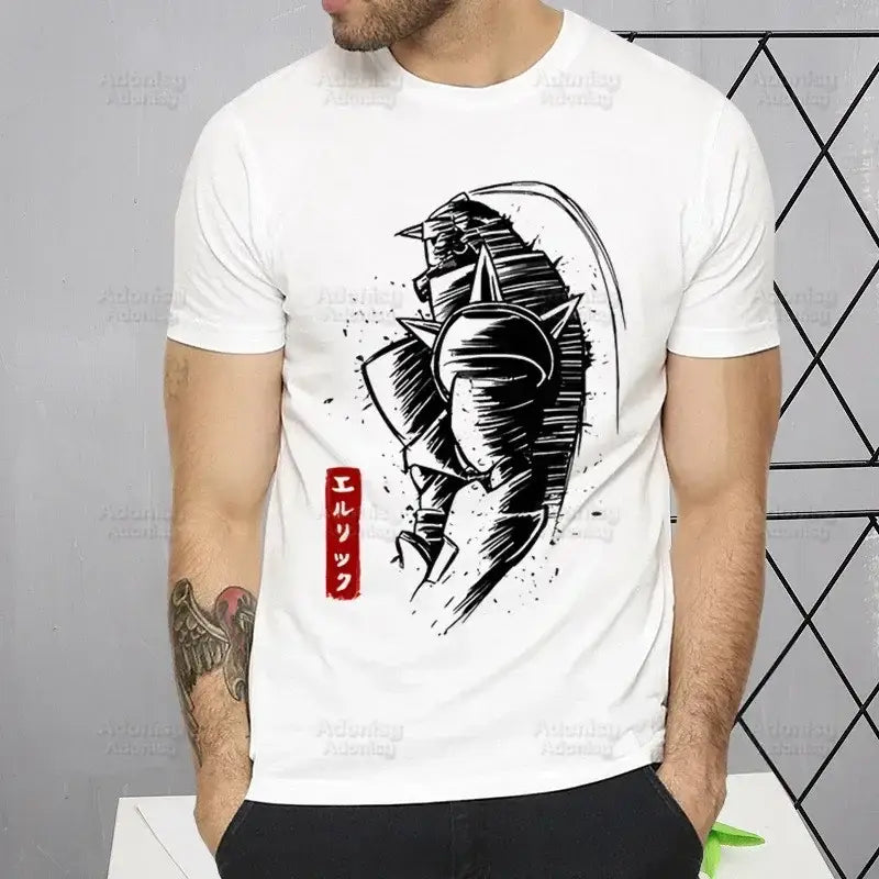 White short sleeve fullmetal alchemist alphonse elric t-shirt with black ink anime illustration and red japanese text