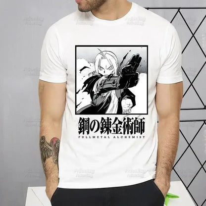 White cotton fullmetal alchemist alphonse elric t-shirt with black and white graphic and japanese text on front