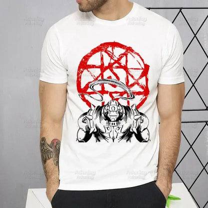 White short sleeve fullmetal alchemist alphonse elric t-shirt with black and red armored creature graphic and pentagram