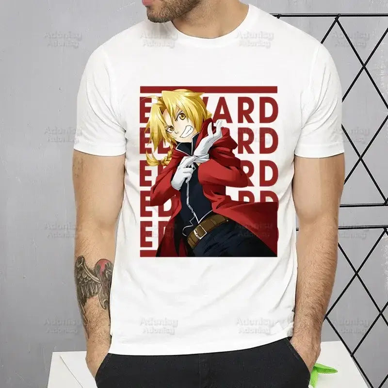 White cotton fullmetal alchemist alphonse elric t-shirt with bold edward elric graphic and red vertical text