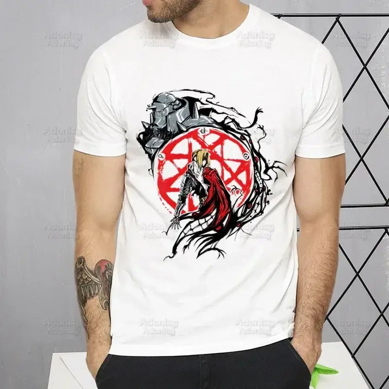 White cotton fullmetal alchemist alphonse elric t-shirt with red and black armor graphic and circular red emblem