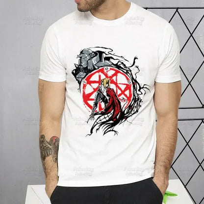 White cotton fullmetal alchemist alphonse elric t-shirt with red and black armor graphic and circular red emblem