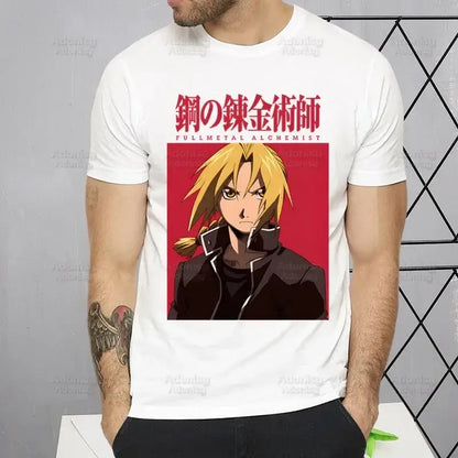 White short sleeve fullmetal alchemist t-shirt with red alphonse elric graphic perfect for casual wear