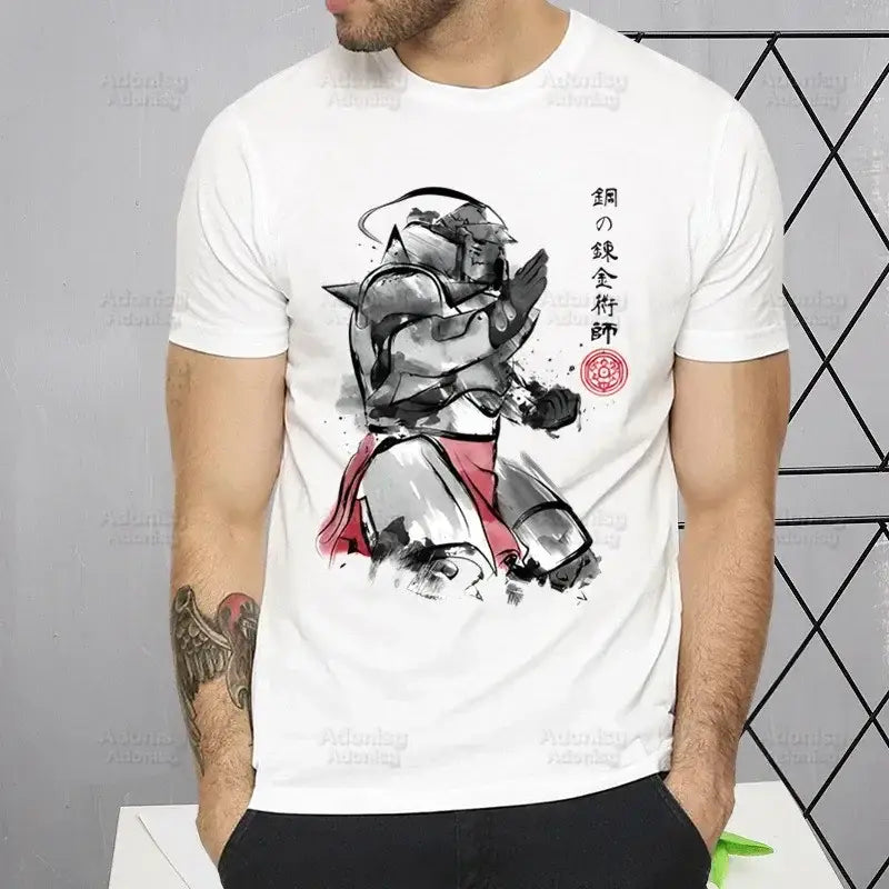 White short-sleeved fullmetal alchemist t-shirt featuring black and red ink illustration of alphonse elric with japanese text