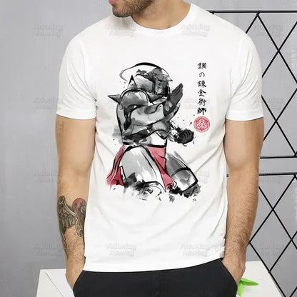 White short-sleeved fullmetal alchemist t-shirt featuring black and red ink illustration of alphonse elric with japanese text