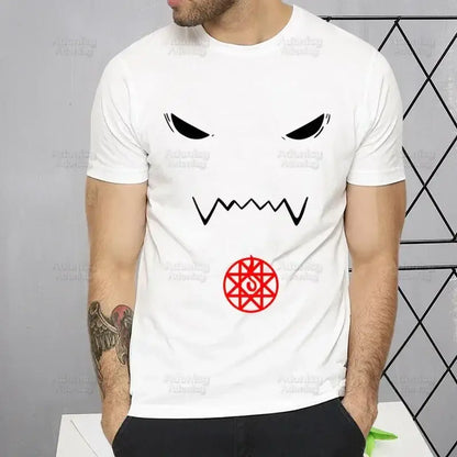 White short sleeve fullmetal alchemist alphonse elric t-shirt with bold black cartoon face and red emblem