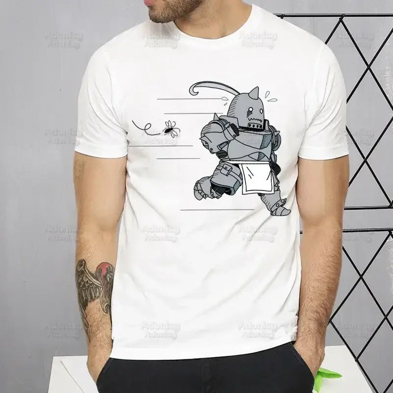 White cotton fullmetal alchemist alphonse elric t-shirt with gray cartoon armored character running and a bee nearby