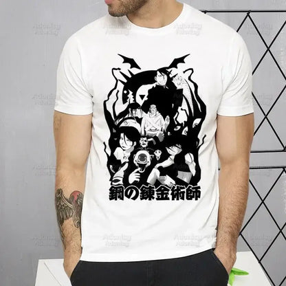 White cotton fullmetal alchemist alphonse elric t-shirt with black anime graphic and japanese text for casual wear