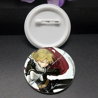 Fullmetal alchemist enamel brooch pin 58mm featuring blonde anime character in black outfit with red cape in action pose