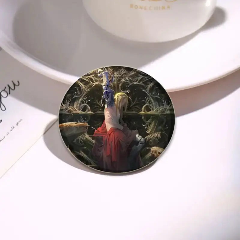 Fullmetal alchemist brooch pin 58mm enamel featuring a red-robed anime character with sword on ornate dark background