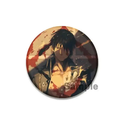 Circular fullmetal alchemist brooch pin with dark hair anime character and blood-splattered red orange black design