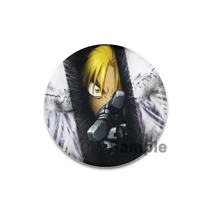 Fullmetal alchemist brooch pin 58mm enamel featuring anime character with bright yellow hair and intense eyes in dramatic pose