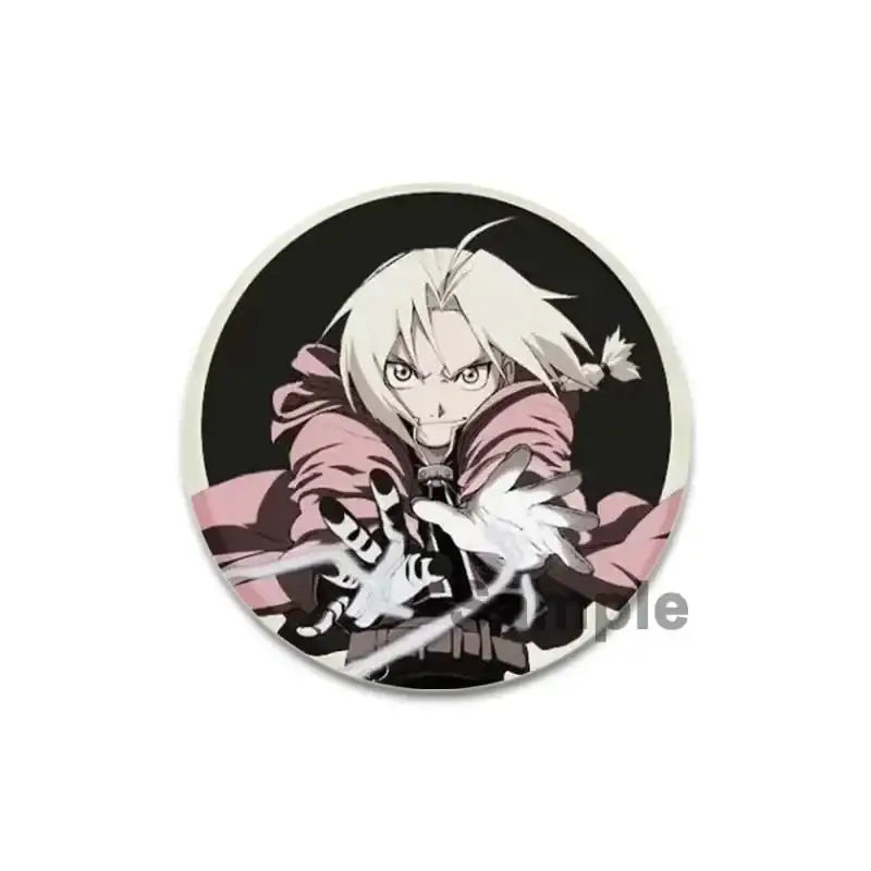 Fullmetal alchemist brooch pin featuring a white-haired anime character in a pink cloak in dynamic action enamel pin offers