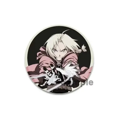 Fullmetal alchemist brooch pin featuring a white-haired anime character in a pink cloak in dynamic action enamel pin offers