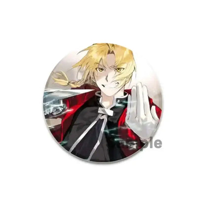 Circular enamel brooch pin featuring a blonde anime character in a black and red outfit from fullmetal alchemist pin offers