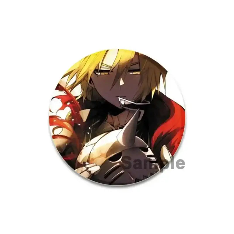 Circular enamel brooch pin featuring fullmetal alchemist anime character with spiky blonde hair holding a metallic helmet