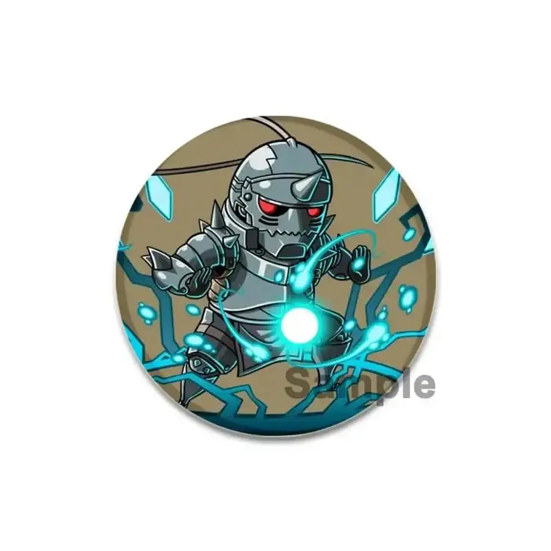 Fullmetal alchemist brooch pin featuring a silver-armored warrior with glowing red eyes and blue energy effects enamel 58mm