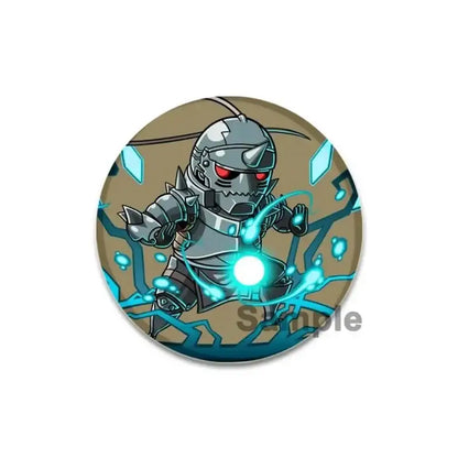 Fullmetal alchemist brooch pin featuring a silver-armored warrior with glowing red eyes and blue energy effects enamel 58mm