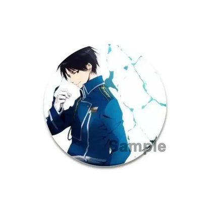 Circular fullmetal alchemist brooch pin featuring anime character in blue military uniform with gold insignia on cracked ice background