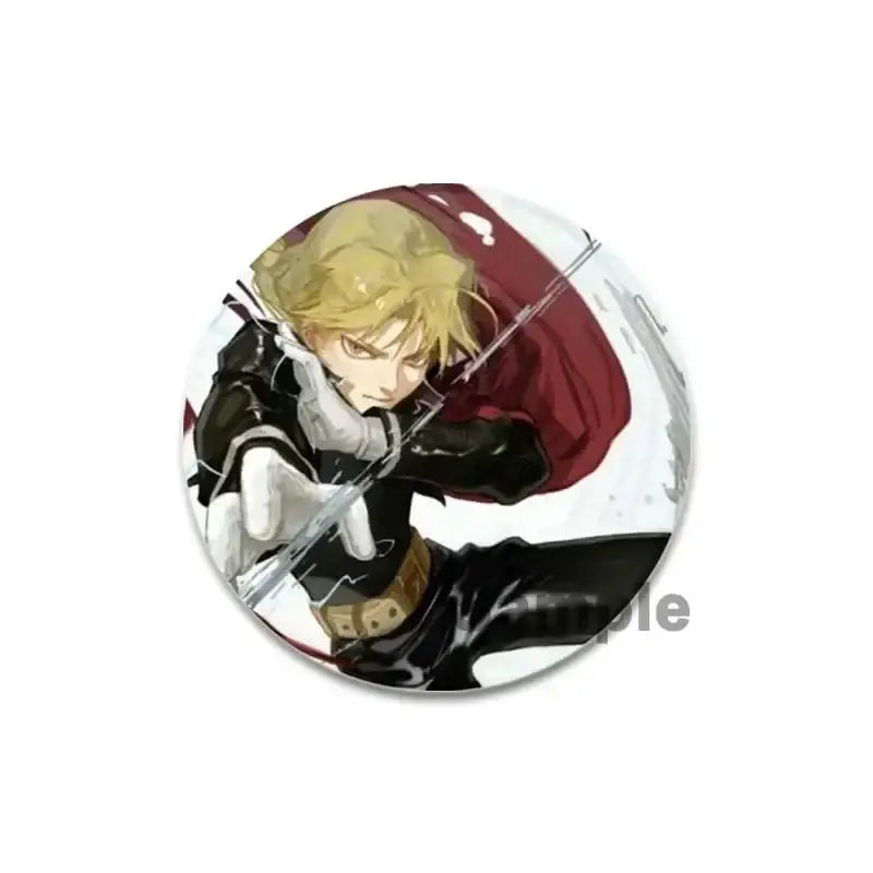 Fullmetal alchemist brooch pin featuring a 58mm enamel circular button with blonde anime character in black outfit and red cape in dynamic pose