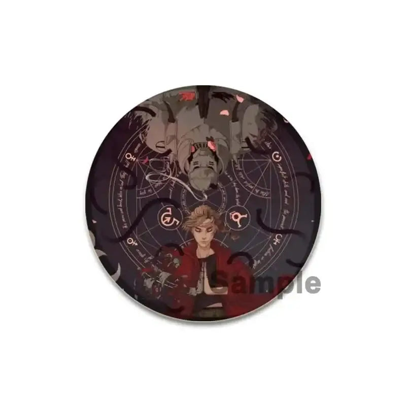 Circular acrylic brooch pin featuring a fullmetal alchemist character in red with occult symbols and pink petals background