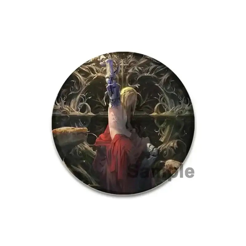 Fullmetal alchemist brooch pin featuring a 58mm enamel circular red-robed blonde figure holding purple sword design