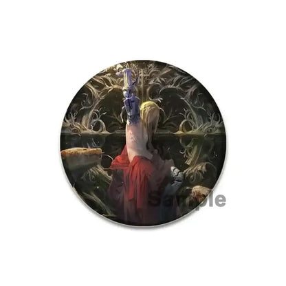 Fullmetal alchemist brooch pin featuring a 58mm enamel circular red-robed blonde figure holding purple sword design