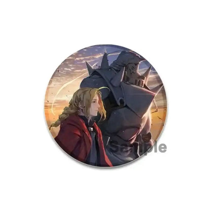 Fullmetal alchemist brooch pin 58mm enamel featuring a blonde woman in red coat with armored figure at sunset