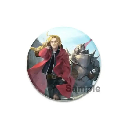 Fullmetal alchemist brooch pin featuring a 58mm enamel anime illustration of a blonde character and armored figure